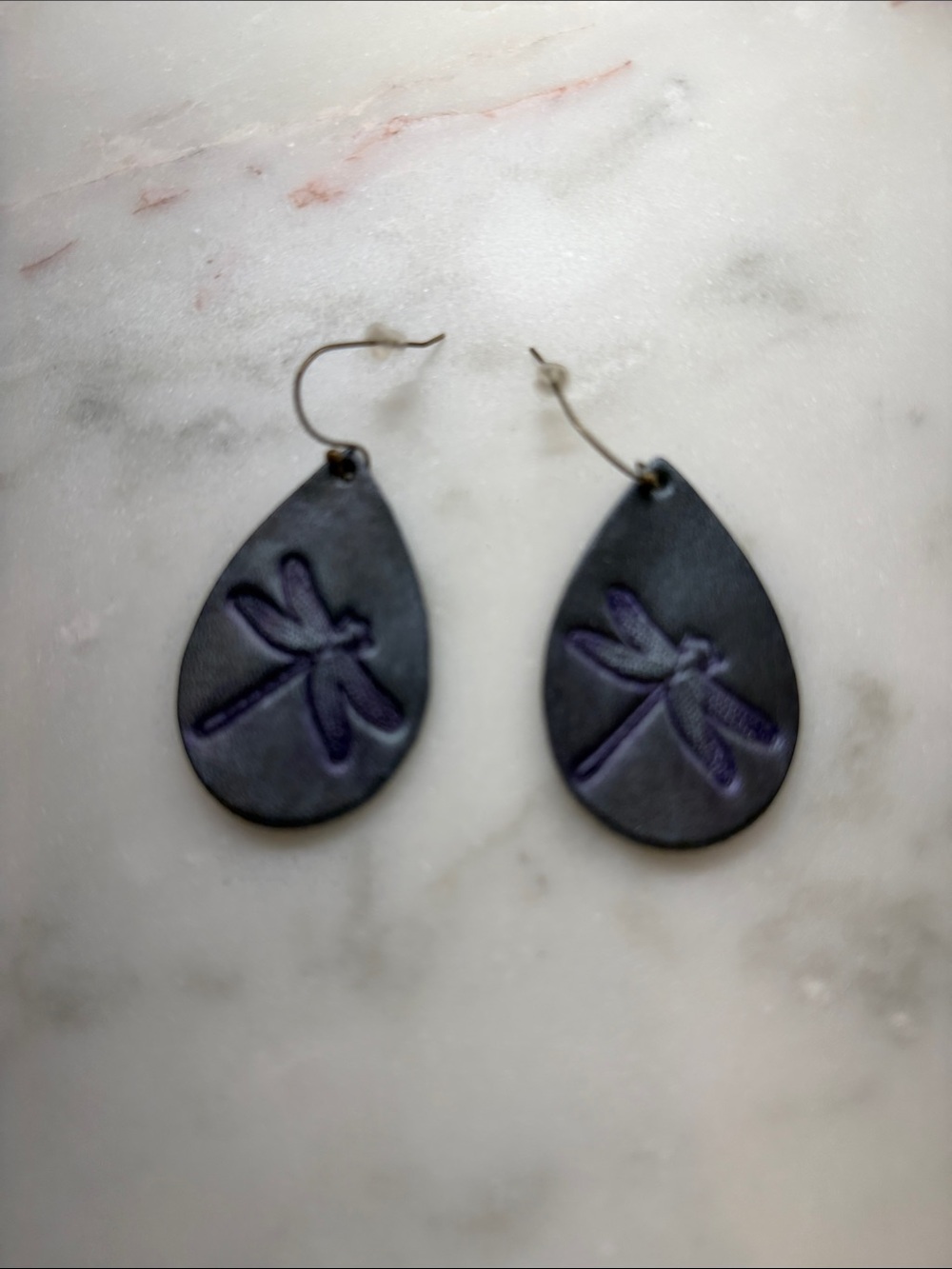 Dragonfly Handcrafted Teardrop leather Earrings - Black and Purple
